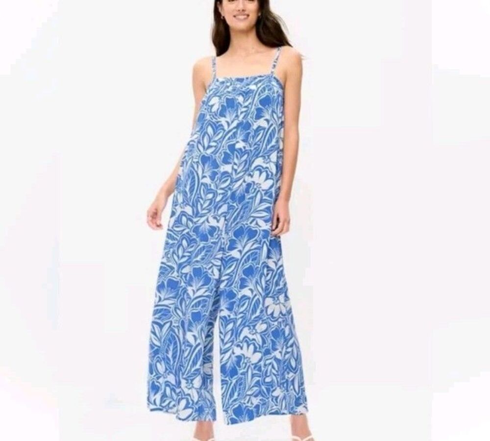 New Old Navy Jumpsuit Overall Womens MTall Blue Floral Wide Leg Sleeveless Strap